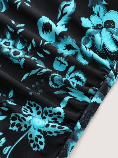 Two-Piece Floral Print Ruched Mesh Swimsuit