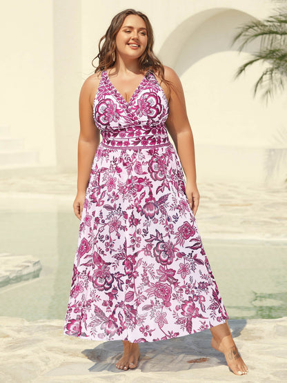 Two-Piece Floral Print Ruched Mesh Swimsuit
