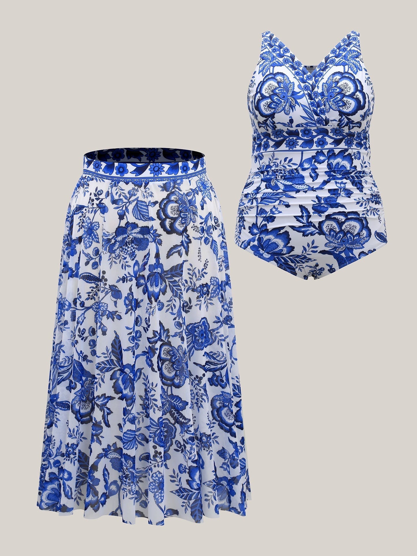 Two-Piece Floral Print Ruched Mesh Swimsuit